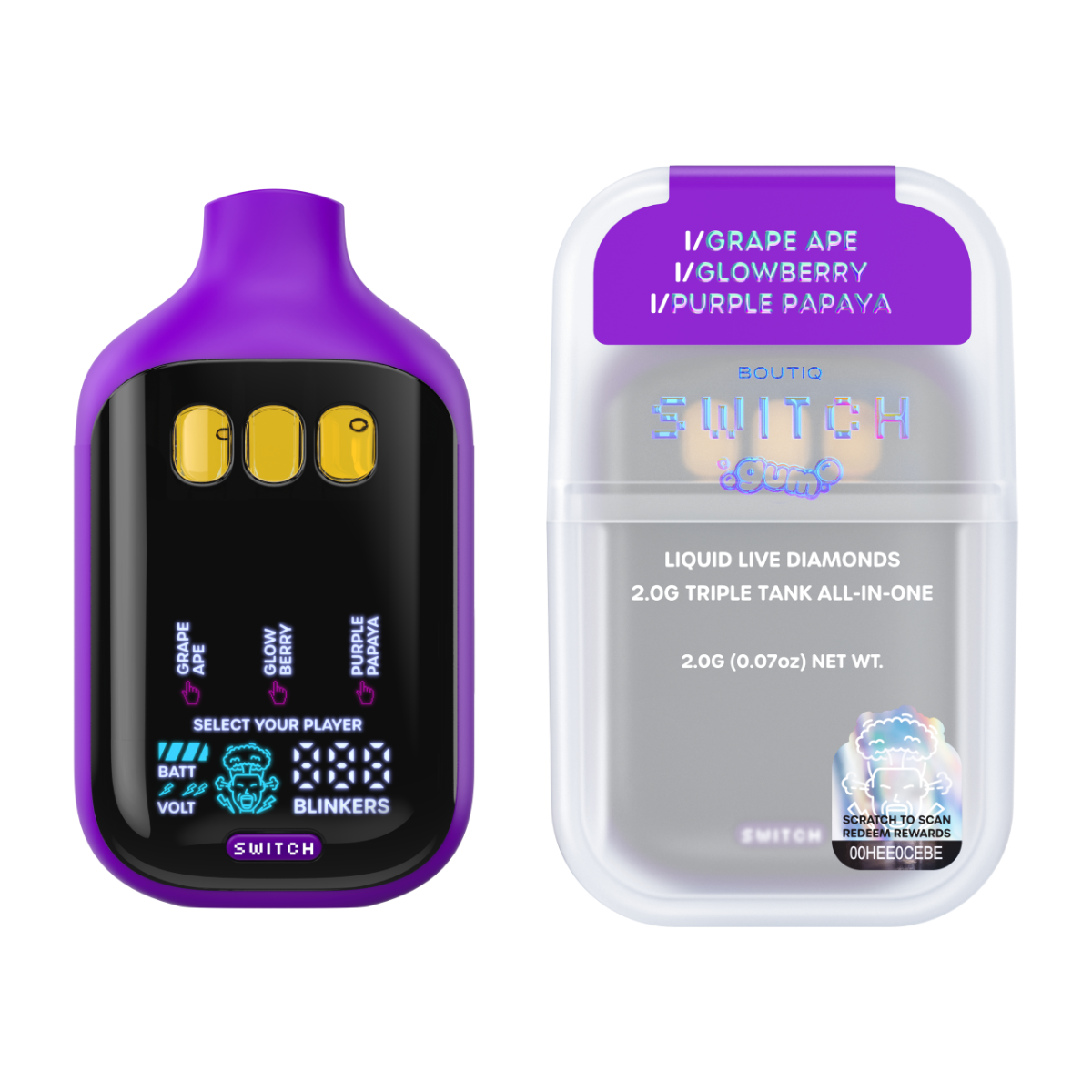 Grape Ape x Glow Berry x Purple Papaya | BOUTIQ Switch V5 GUM Edition - 2g Vape - Image 2